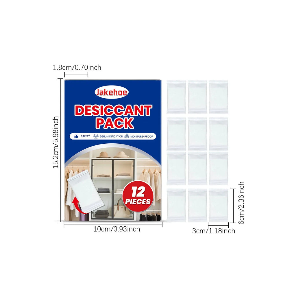 Pack of 12 anti-odor desiccants for household moisture control containing calcium chloride and wood pulp
