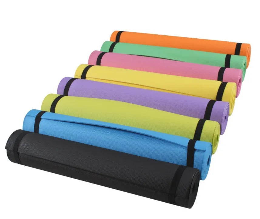 EVA composite yoga mat in red, showing 4mm and 6mm thickness options with anti-skid surface.