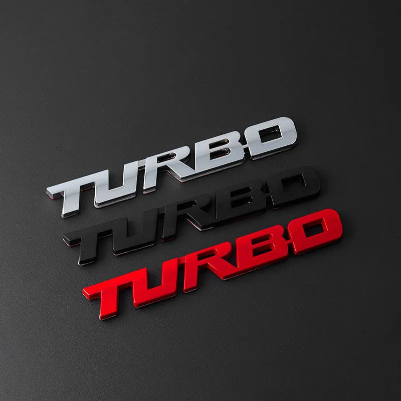 Raised metal TURBO car bumper sticker in silver, black, red or gold with small or large size options