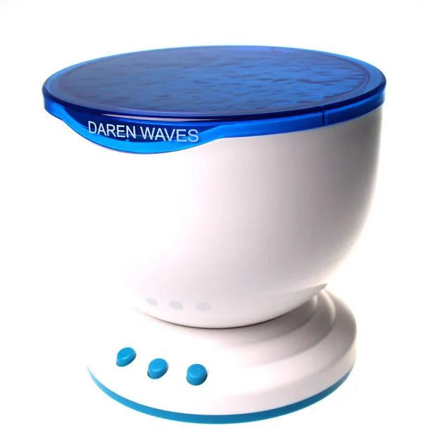 Blue ocean theme LED projection lamp mounted on a ceiling for children's room activities.