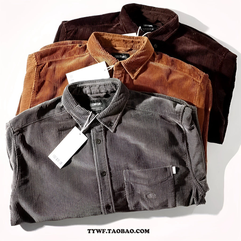 Caramel corduroy Hong Kong style loose fit cardigan shirt on hanger