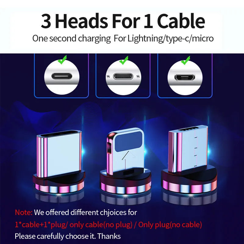 Black magnetic data cable with interchangeable Apple, Android, and USB-C magnetic heads on a table.