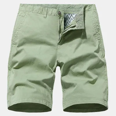 Men's blue denim loose-fit casual shorts with a straight leg and no belt, laid flat.