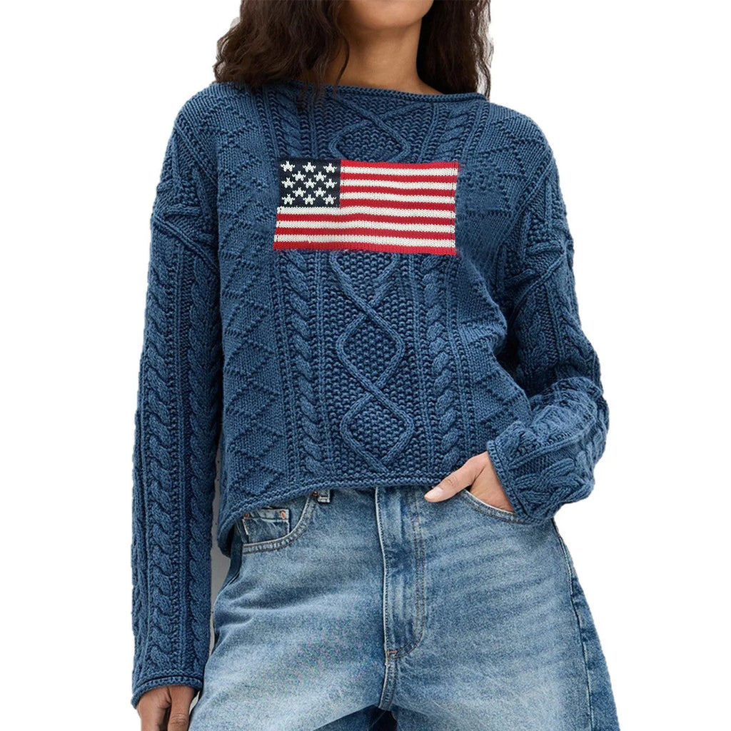 Women's navy blue acrylic fibre pullover top with national flag pattern, long sleeves, front view