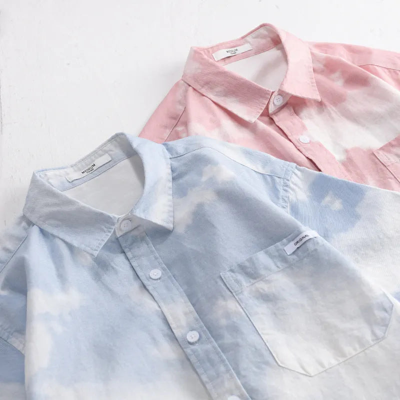 Men's light pink loose fit short sleeve cotton cardigan shirt front view