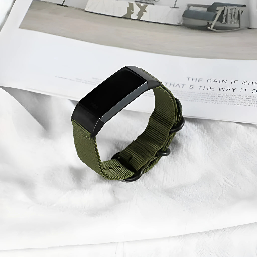Nylon three-ring buckle replacement strap for Fitbit Charge 3 fitness tracker in multiple colours.