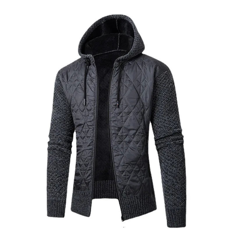 Men's grey hooded corduroy sweater coat with cinched style and wool construction