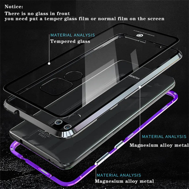 Magnetic phone case with metal frame and tempered glass back for Huawei Honor phones