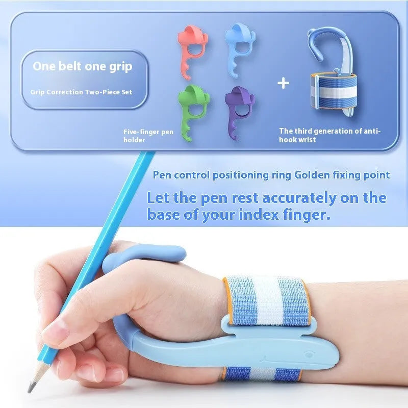 Blue anti-hook wrist brace and pen control corrector for children's writing posture on a table.