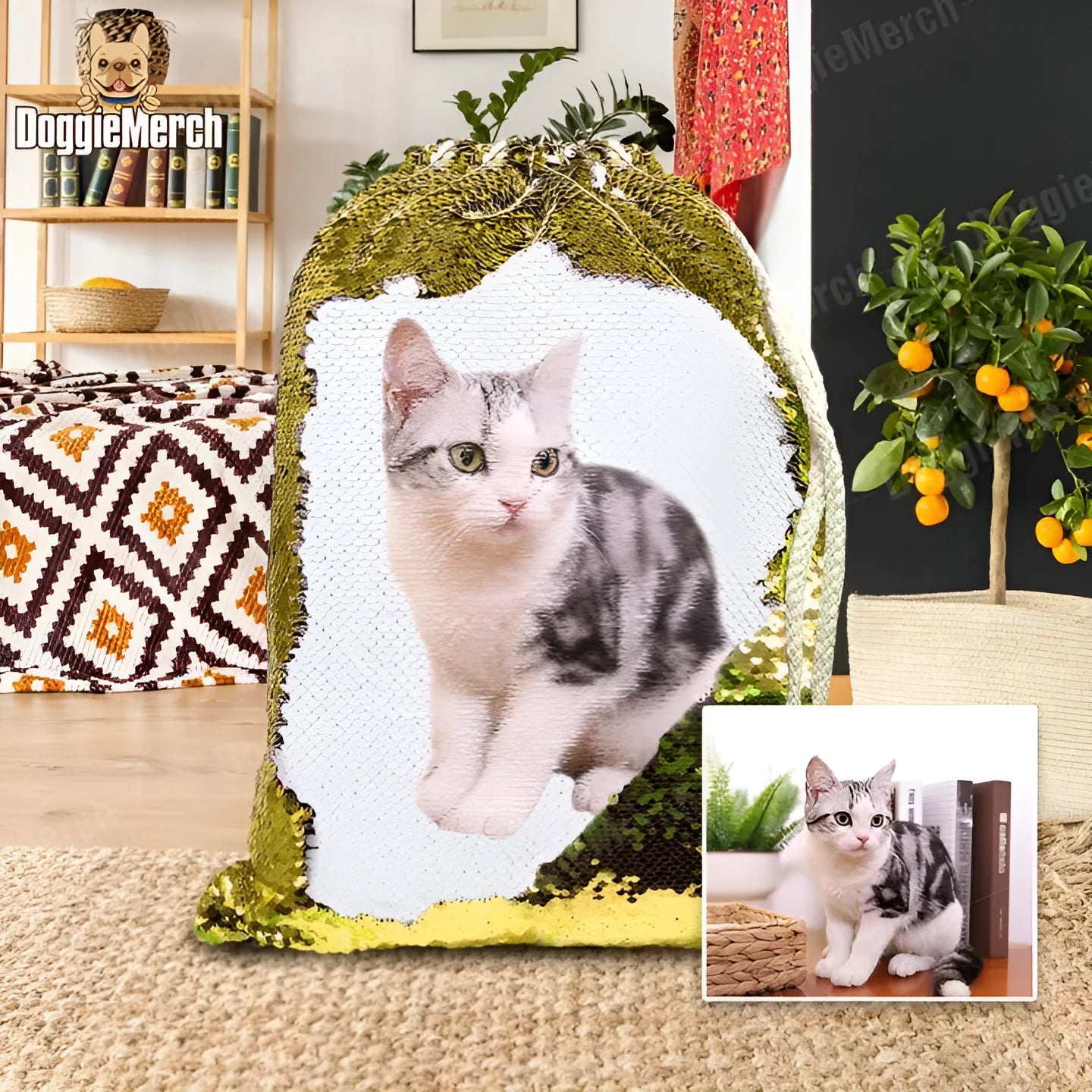 Custom purple sequin backpack with printed pet photo and drawstring opening