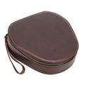 Brown genuine leather storage bag for Apple AirPods Max with lanyard on white background