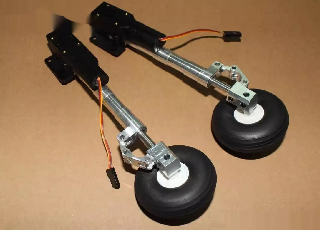 Alloy retractable shock-absorbing landing gear for model aircraft with wheels.