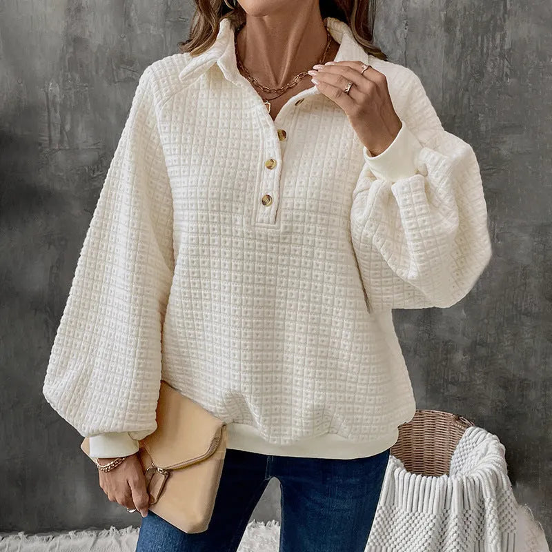 Women's beige texture polo collar solid colour pullover sweater on a hanger.