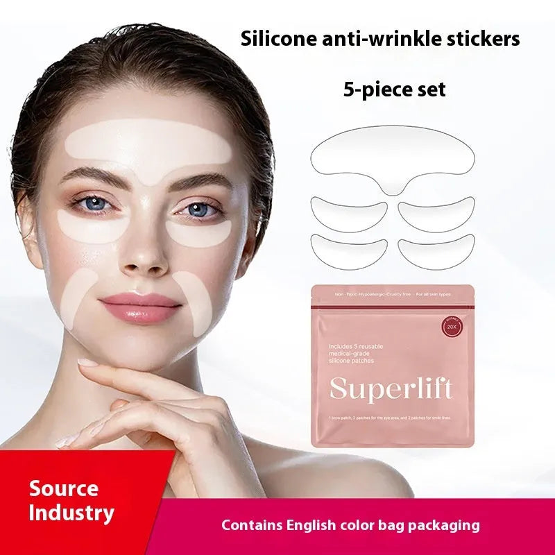 Five reusable silicone anti-wrinkle face stickers laid flat, total weight 26.8g.