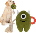 Blue and green plush monster dog toy with integrated cotton rope tug element and squeaker