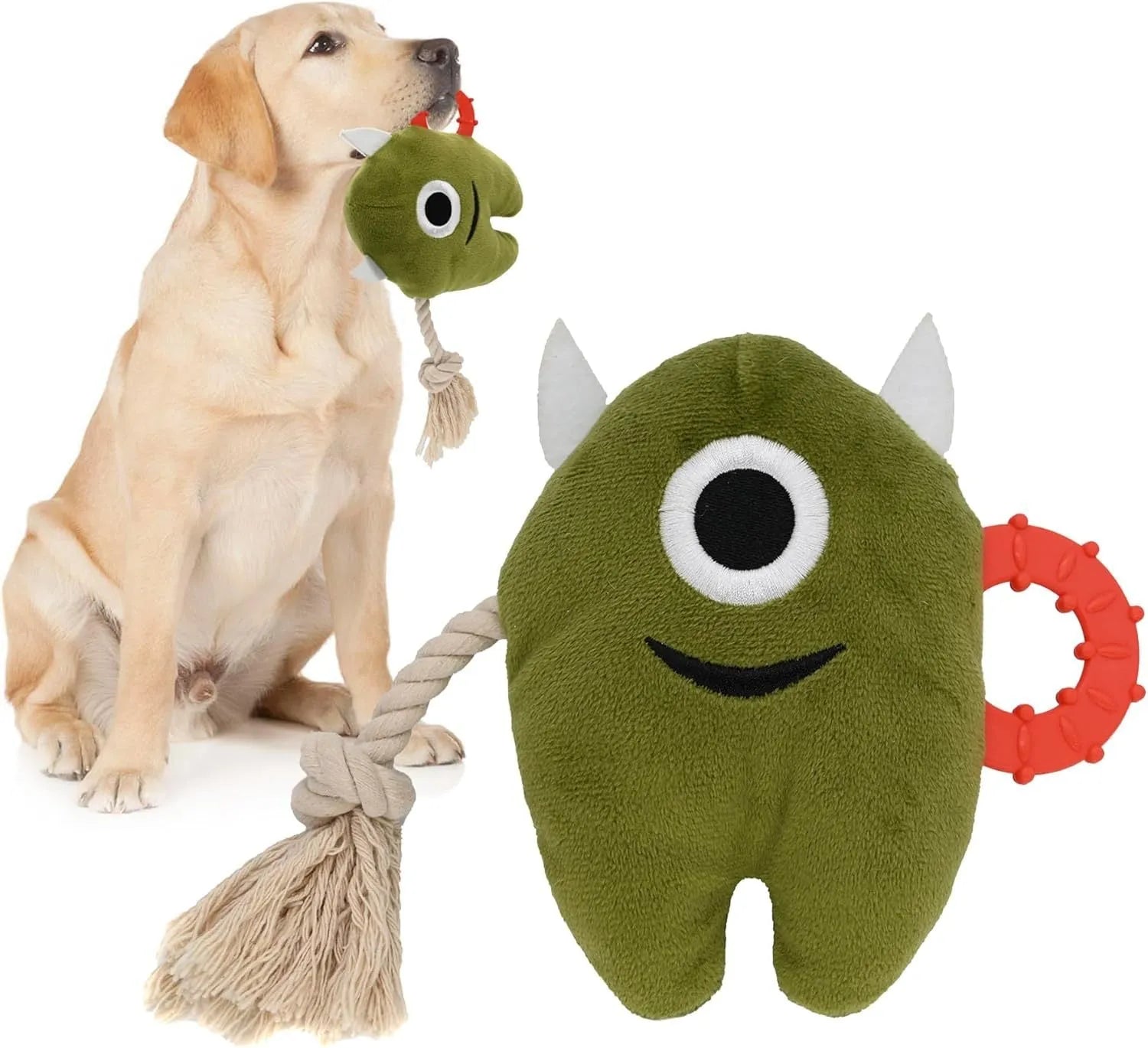 Blue and green plush monster dog toy with integrated cotton rope tug element and squeaker
