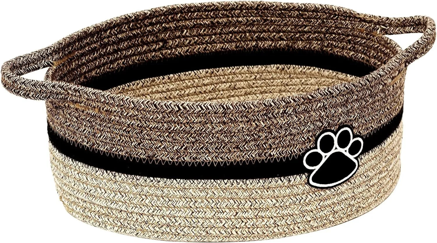 Light beige handmade cotton rope storage basket with handle, shown with toys inside.