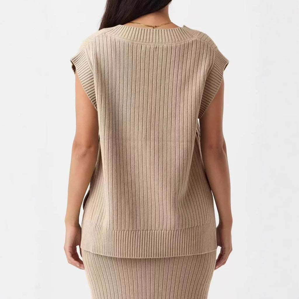 Camel and white loose v-neck sleeveless pullover vests in striped and plaid viscose fabric