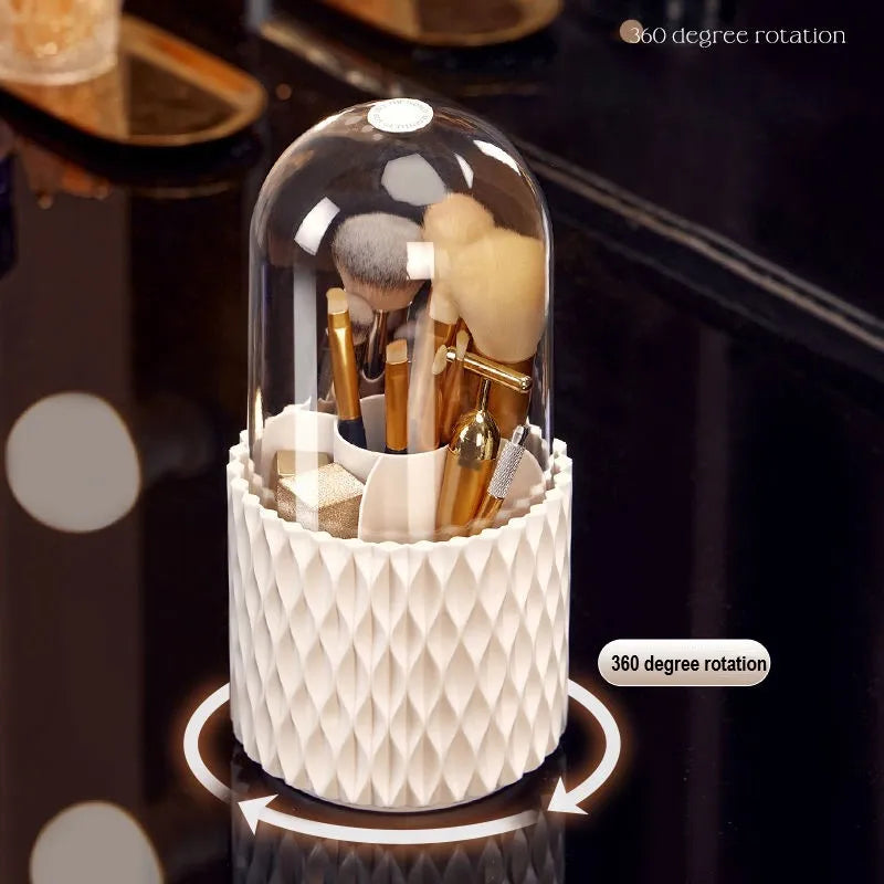 White acrylic makeup brush storage box with transparent design and rotating base