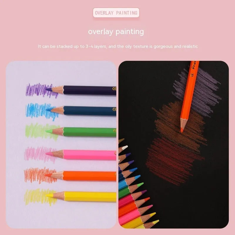 Set of wooden double-headed colour pencils showing both pencil tip and brush tip, arranged in a case.