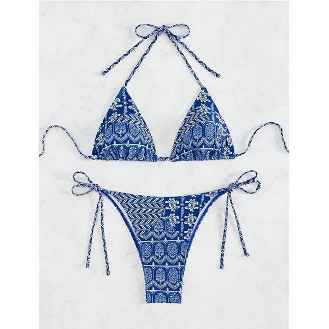 Women's split bikini swimsuit with bandage style and contrast stitching in polyester fabric