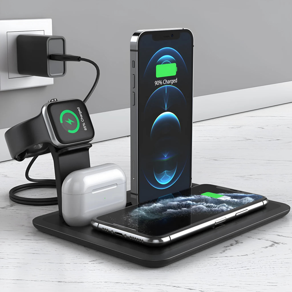 Black and white desktop wireless charging station for phone, watch, and headphones