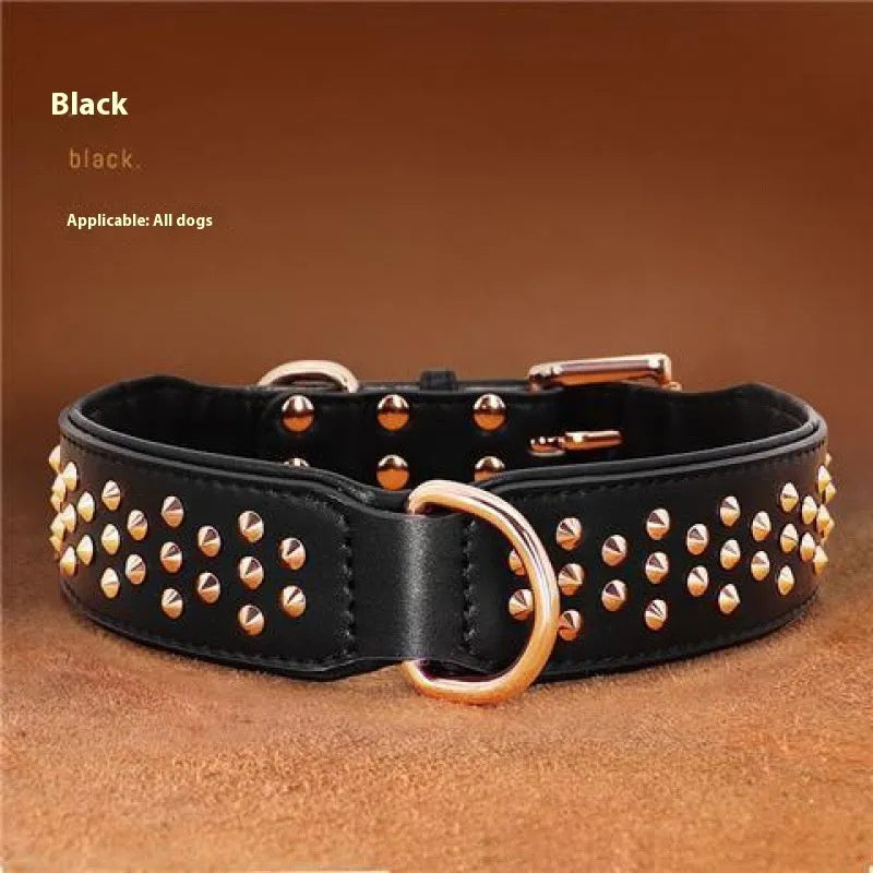 Leather dog collar with metal rivets in black, chocolate, or pink colour, shown in L and XL sizes.