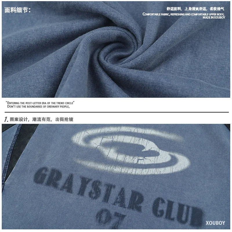 Men's blue hip hop letter print cotton T-shirt with raglan sleeves in loose fit
