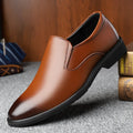 Men's black business casual slip-on leather shoes with a low-top design and rubber sole