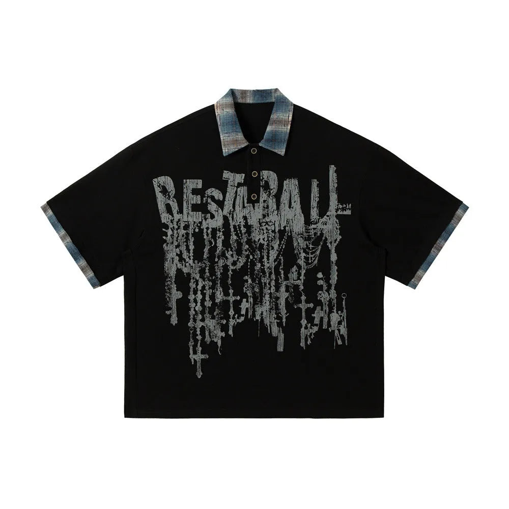 Men's loose fit cotton short sleeve top with asymmetric cut and graffiti print in blue or red