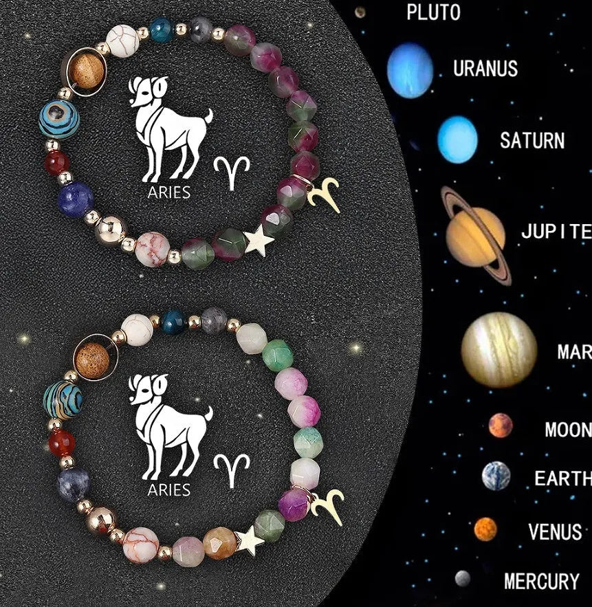 Two adjustable natural stone beaded bracelets showing zodiac sign designs on a neutral background