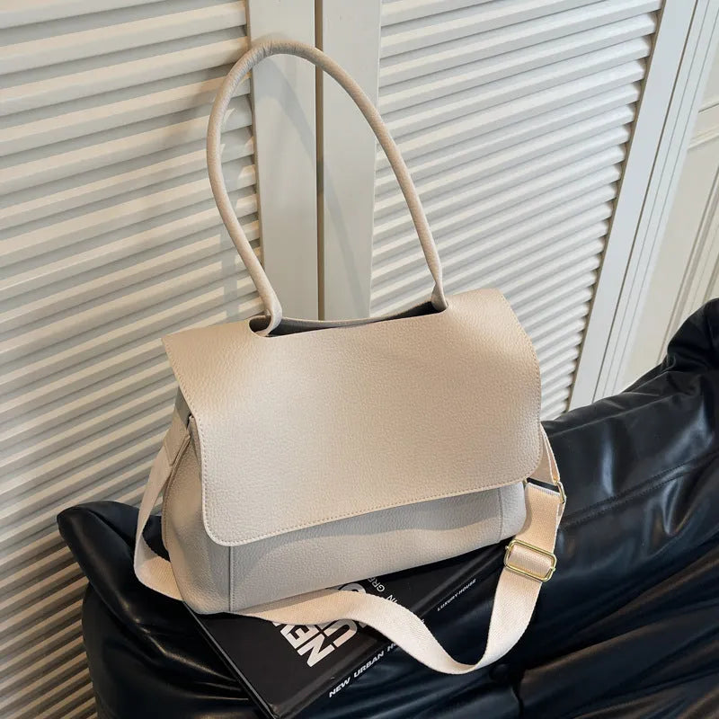 Vintage casual horizontal square PU tote bag with double straps in beige colour.