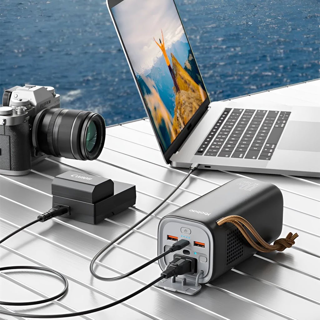 Black portable power bank with solar panel and multiple charging ports for outdoor emergency use