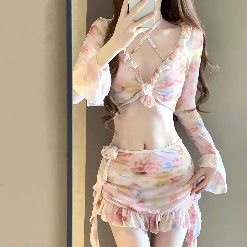 Women's floral bikini swimsuit set in cherry blossom pink colour