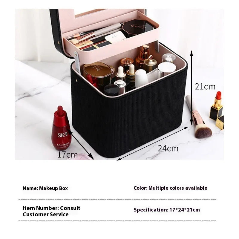 Large corduroy cosmetic storage box with polyester cotton lining in a solid colour.