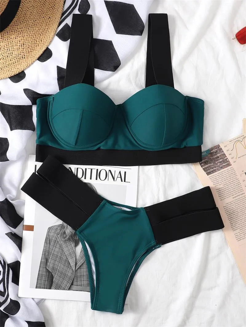 Women's contrast colour bikini swimsuit with steel bracket push-up board and removable cups