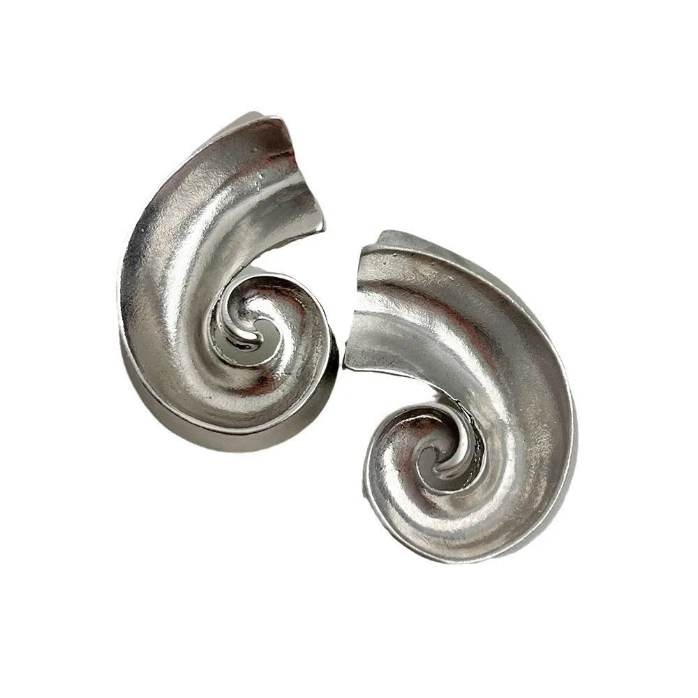 Geometric drop ear studs with retro design in gold or silver finish measuring 5cm length