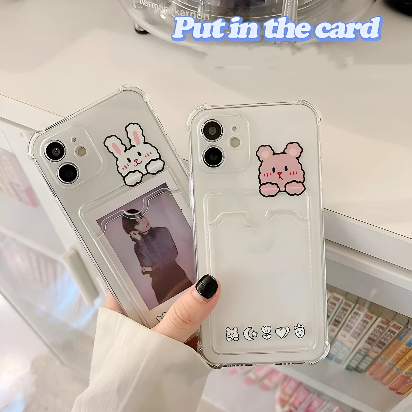 Cartoon design transparent iPhone case with card holder for iPhone models