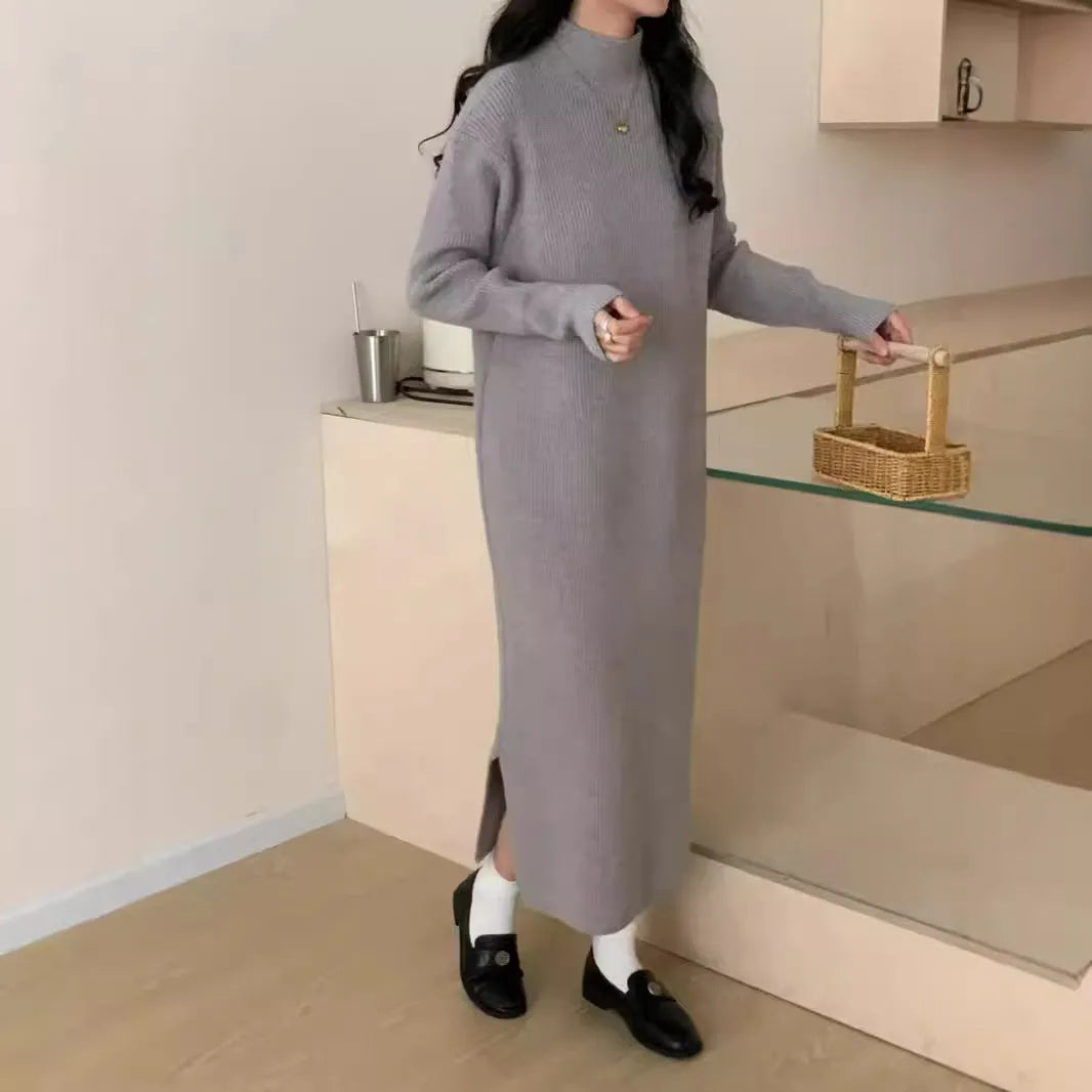 Women's beige half turtleneck knitted dress with long sleeves and high waist