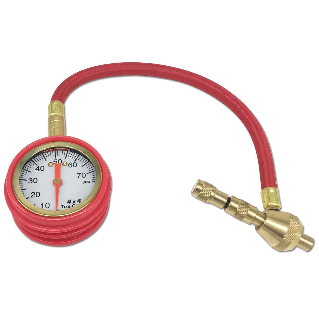 A red mechanical tyre pressure gauge with a metal body and rubber shell, designed for SUVs and off-road vehicles.