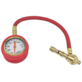 A red mechanical tyre pressure gauge with a metal body and rubber shell, designed for SUVs and off-road vehicles.