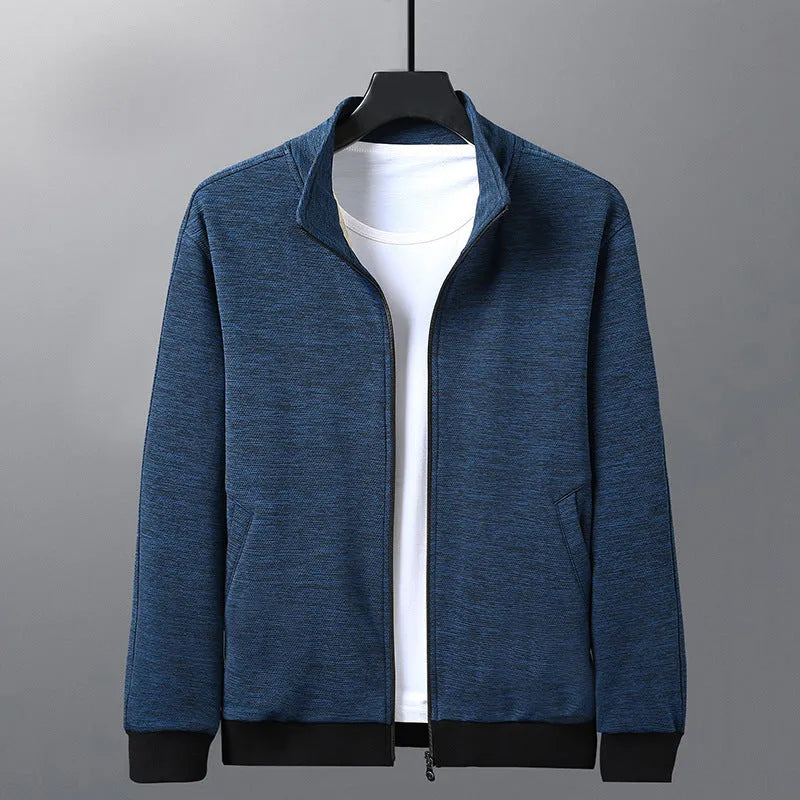 Men's fitted athletic jacket with a stand-up collar and front zipper in a grey colour.