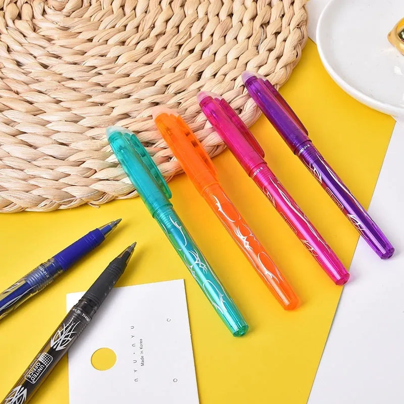 Heat-erasable gel pen set with plastic body, stainless steel nib, and assorted colours in 0.5mm and 0.7mm sizes