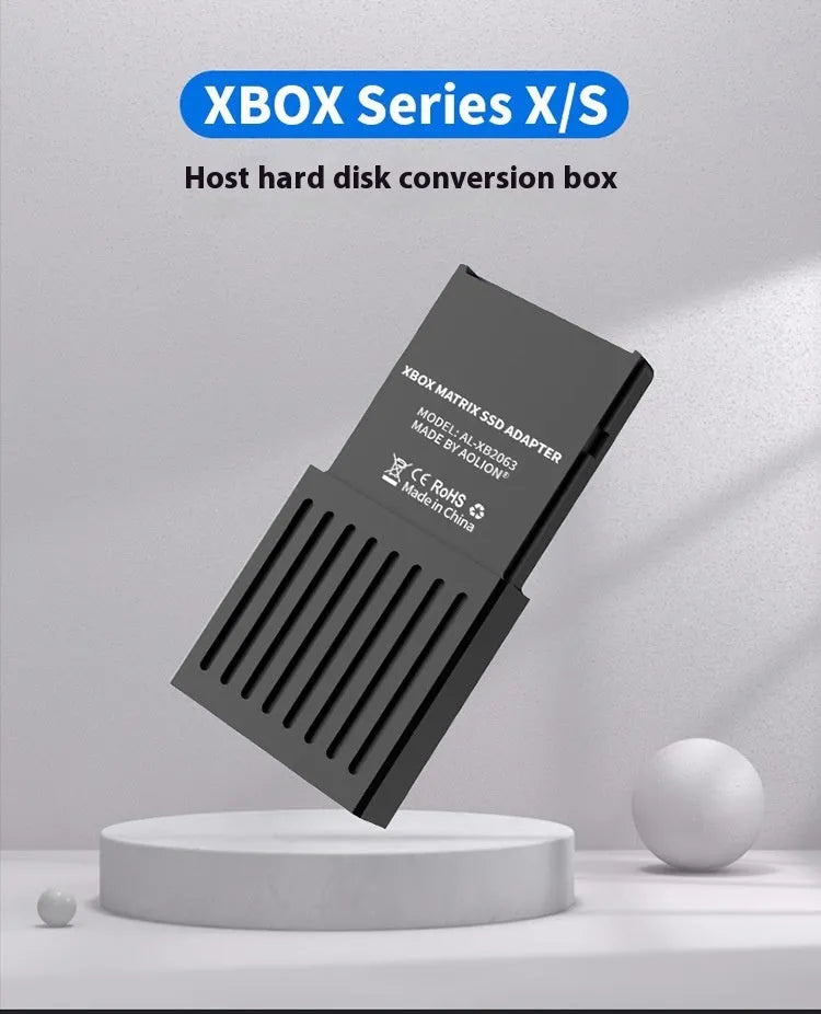 Aluminium Xbox Series X S hard drive switching box with CFexpress to M.2 SSD interface and screwdriver.