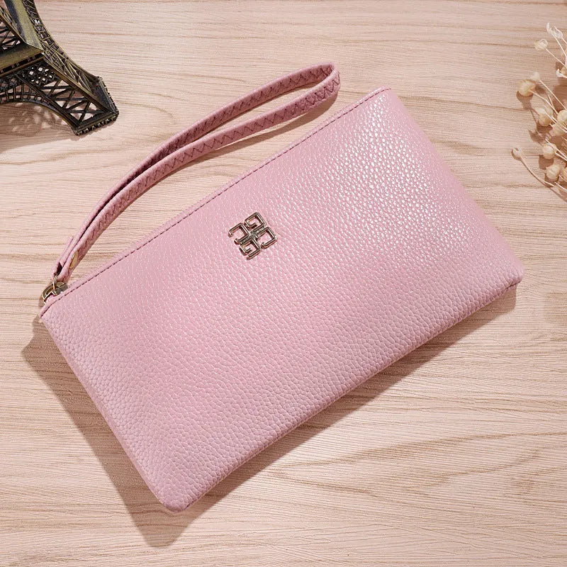 55-inch long PU leather phone wallet zipper handbag in solid colour with sewing line detailing