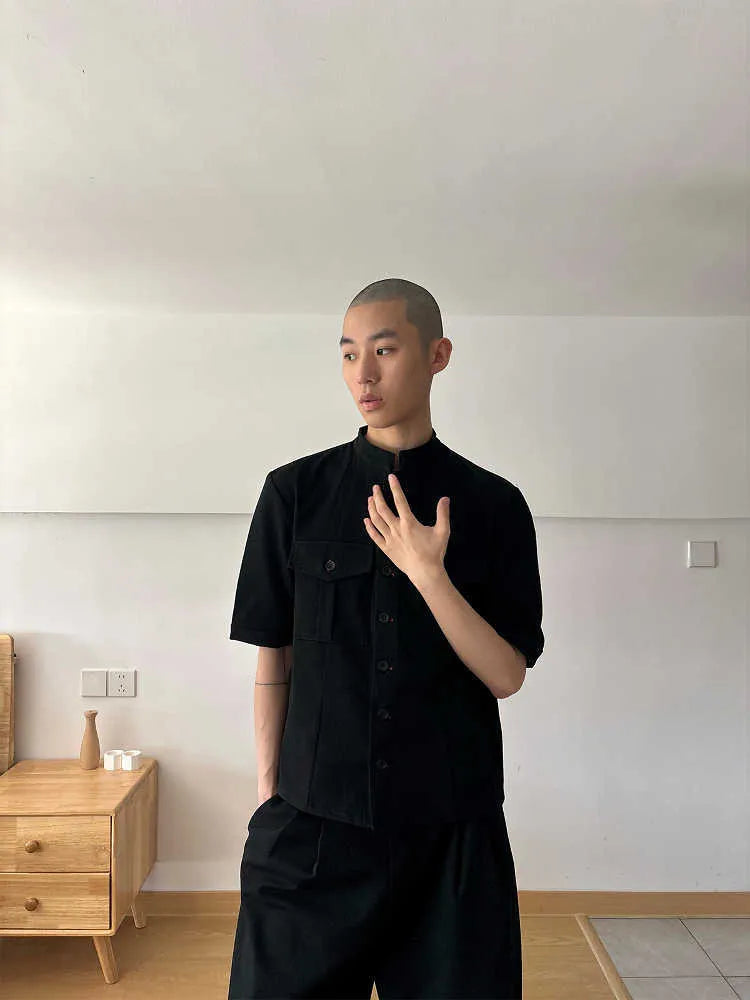 Black half sleeve hunting shirt with red eye design, shirt collar and loose fit