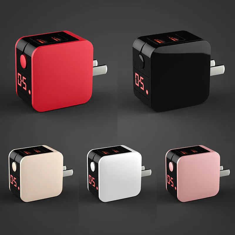 5V 2.4A USB travel charger with digital display showing black white red colour options