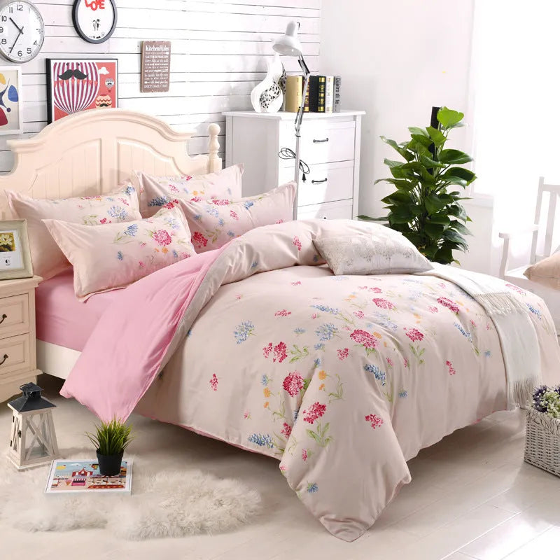 Cotton three-piece bedding set with geometric pattern on duvet cover and pillowcase on a bed