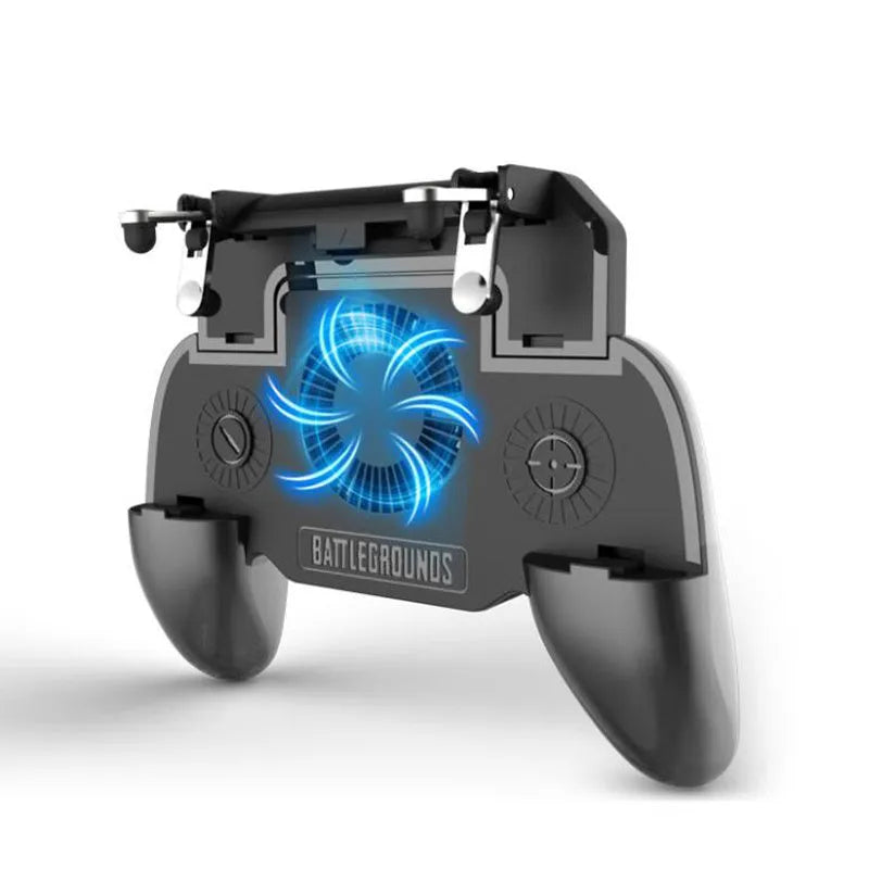 Black USB mobile game controller for smartphones with aluminium alloy accents and action buttons.