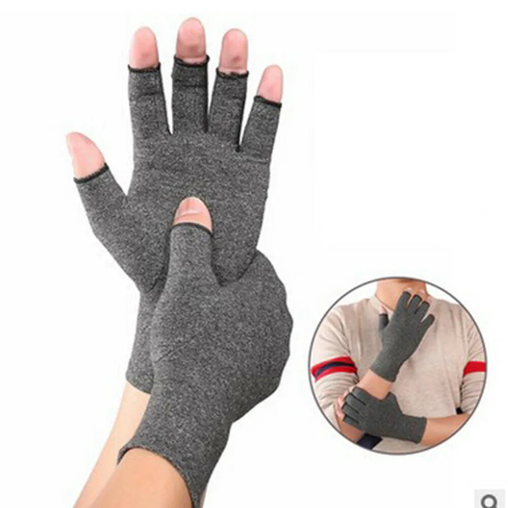 Grey half-finger joint compression gloves made from polyester trueran spandex fabric